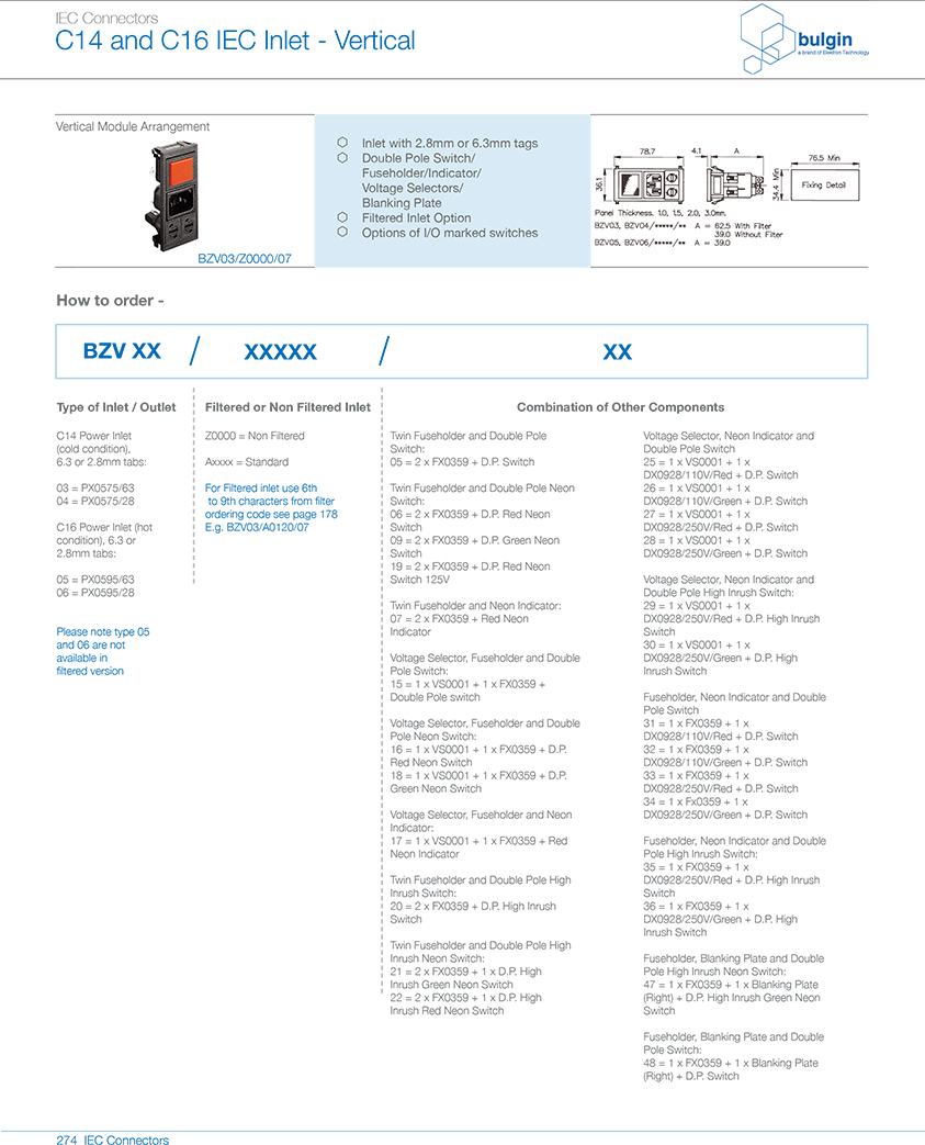 BZV03-Z0000-07系列垂直電源接入模塊選型