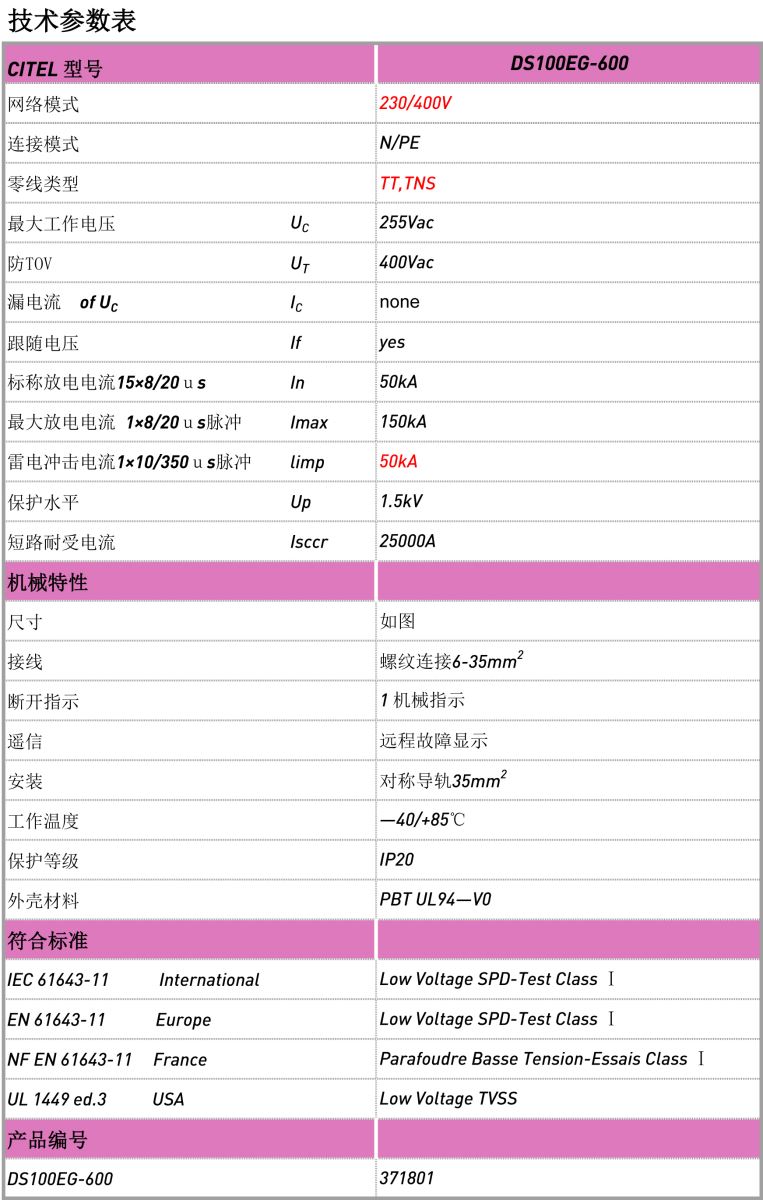 交流防雷器DS100EG-600系列電源電涌保護器技術參數