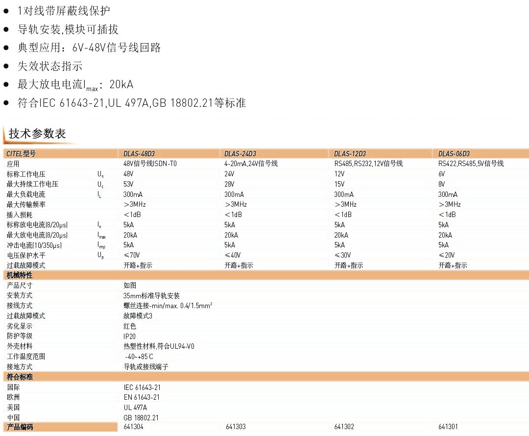 DLC超薄系列信號防雷器技術(shù)參數(shù)