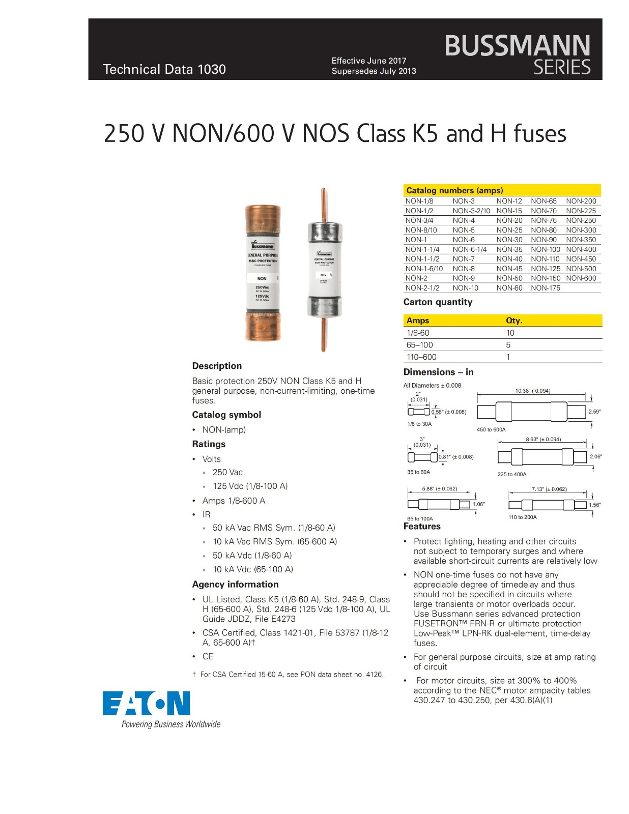 NON系列熔斷器 產品型號 尺寸圖