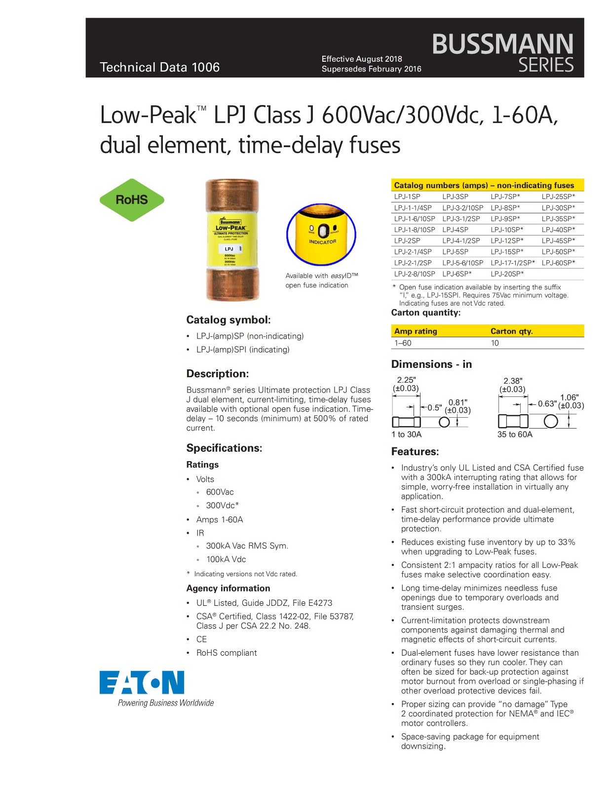 LPJ系列美標熔斷器選型